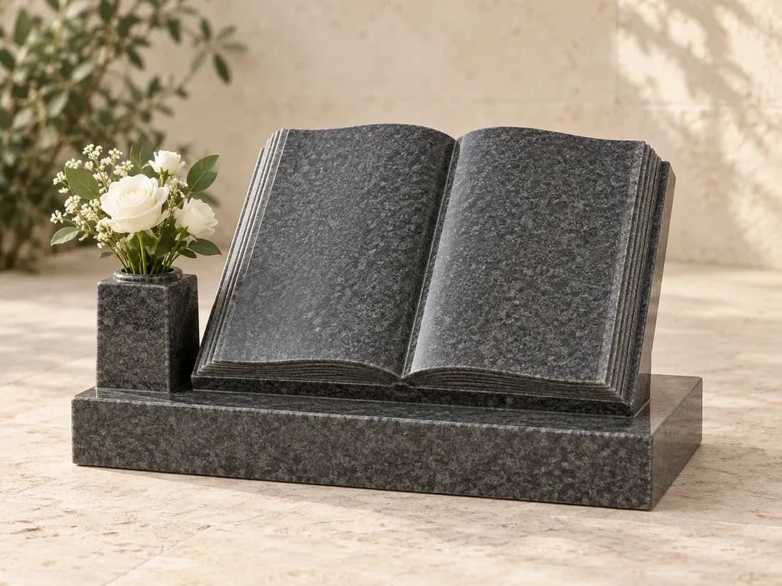 Illustrative open-book granite cremation memorial