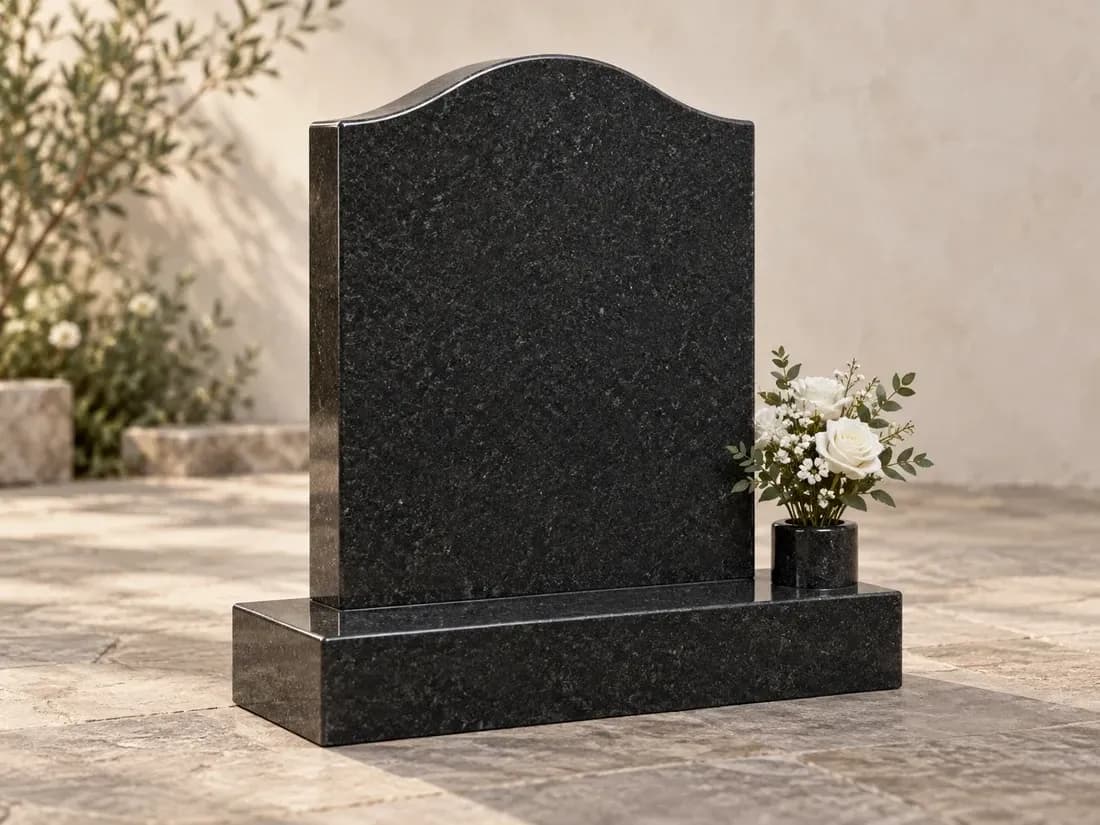 Illustrative polished granite headstone with a flower vase