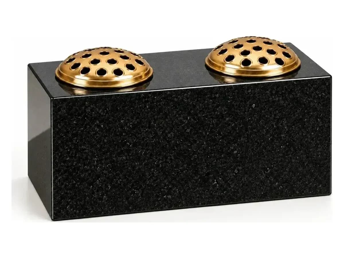 Double polished black granite memorial vase with two gold flower containers