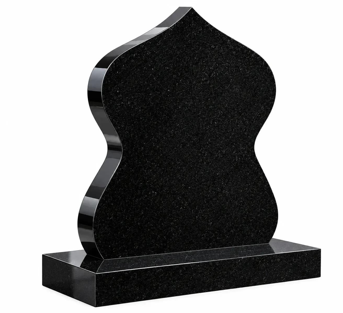 Polished black granite Islamic headstone with sculpted pointed profile