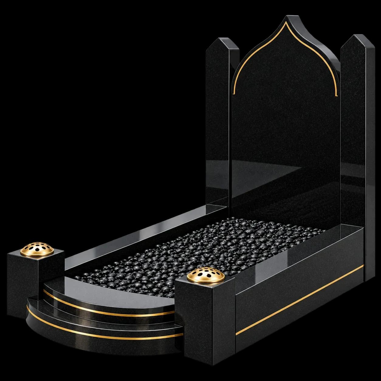 Black granite Islamic kerb memorial with pointed arch, gold lines and curved steps