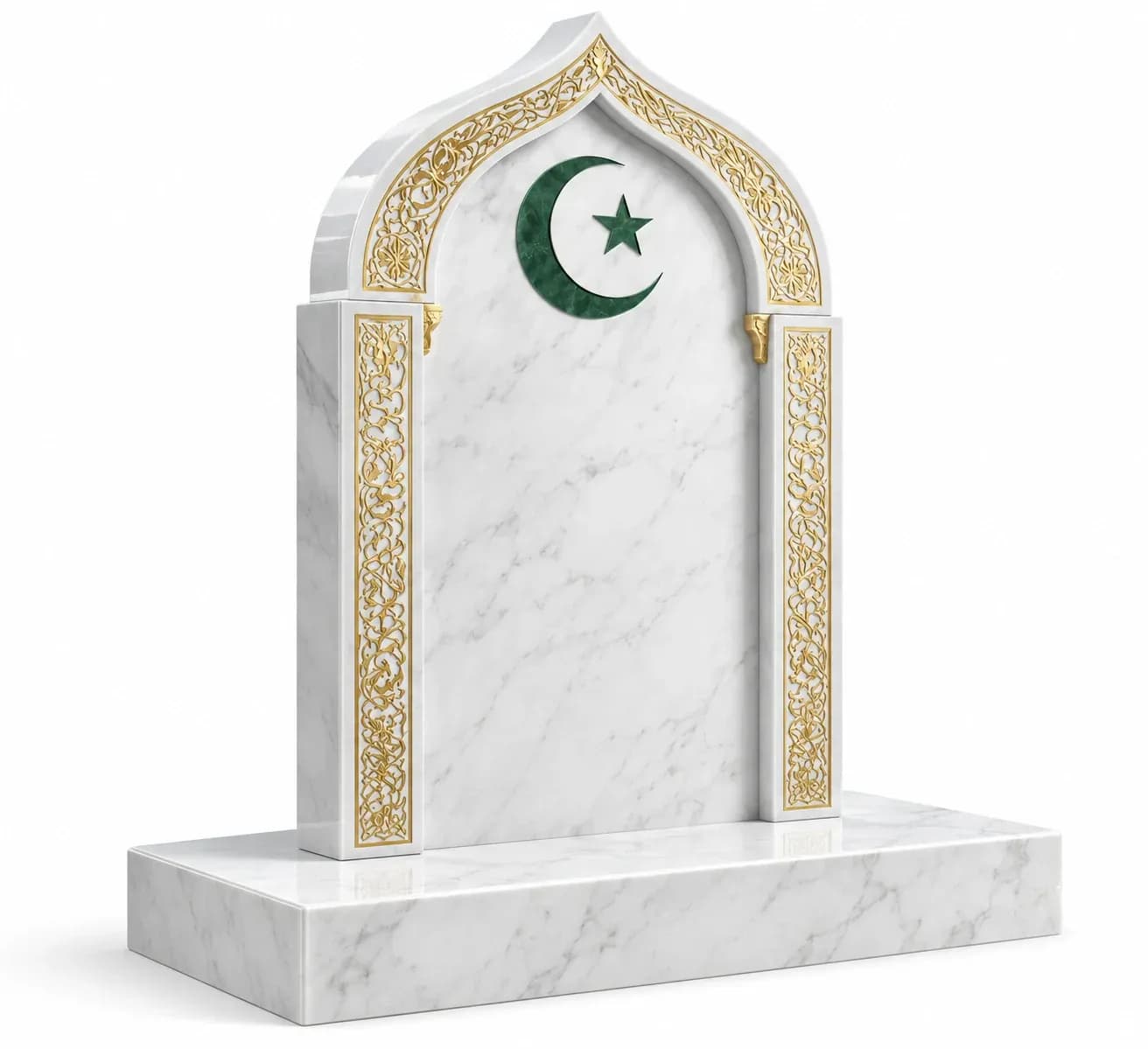White marble Islamic headstone with gold arabesque frame and green crescent and star