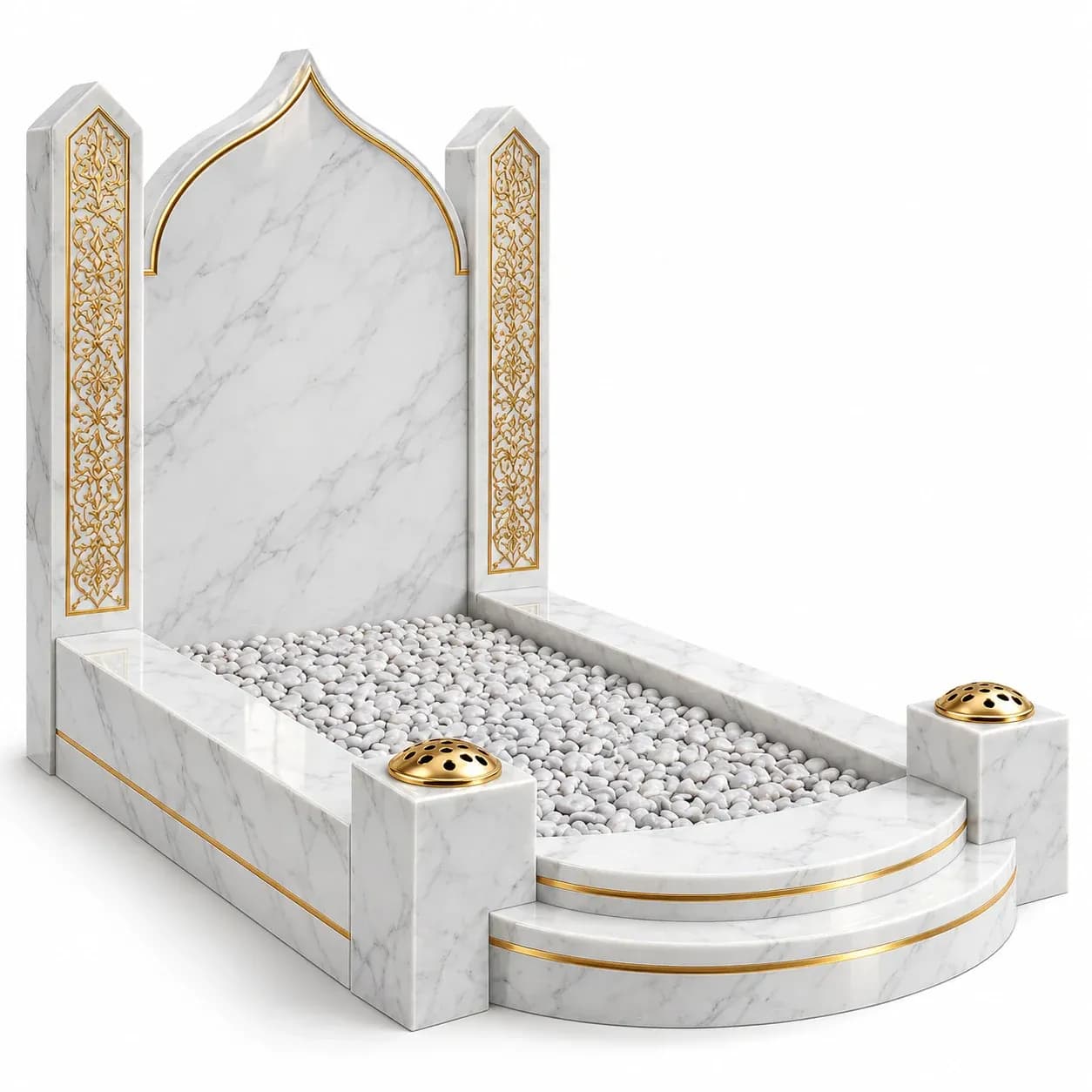 White marble Islamic kerb memorial with gold ornament and curved front steps