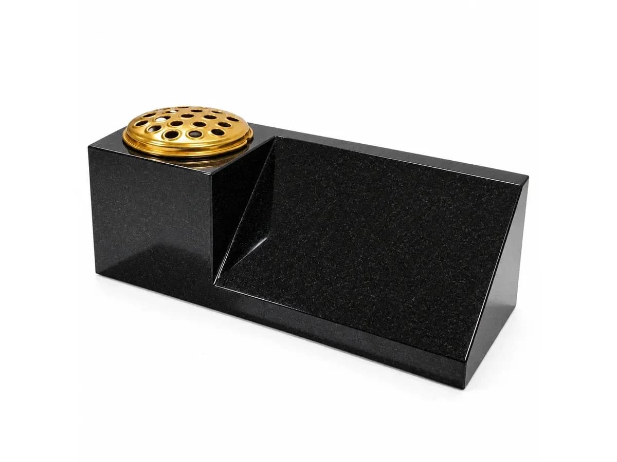 Sloping wedge polished black granite memorial vase with a gold flower container