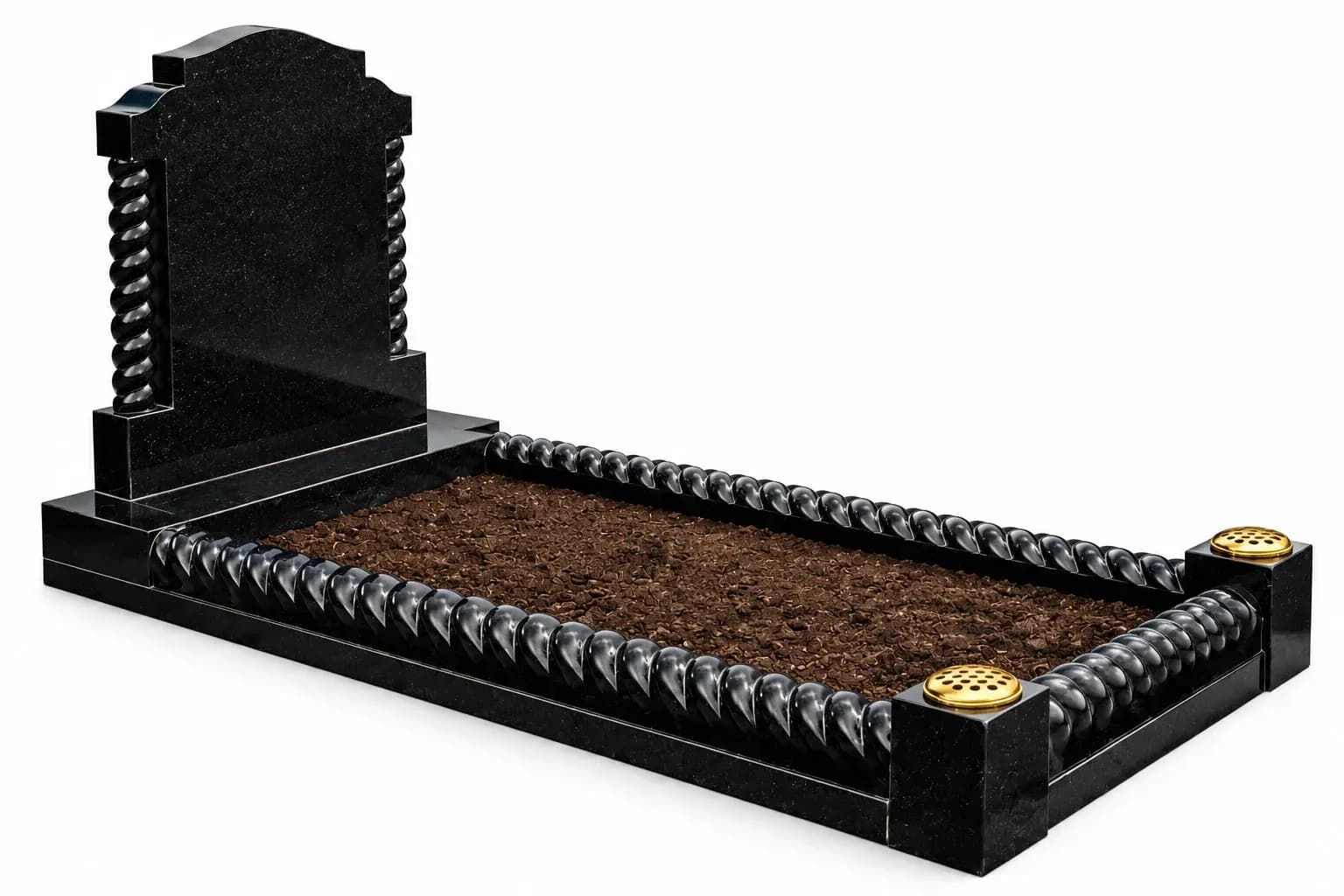 Polished black granite Islamic kerb memorial with roped edging and pillar details