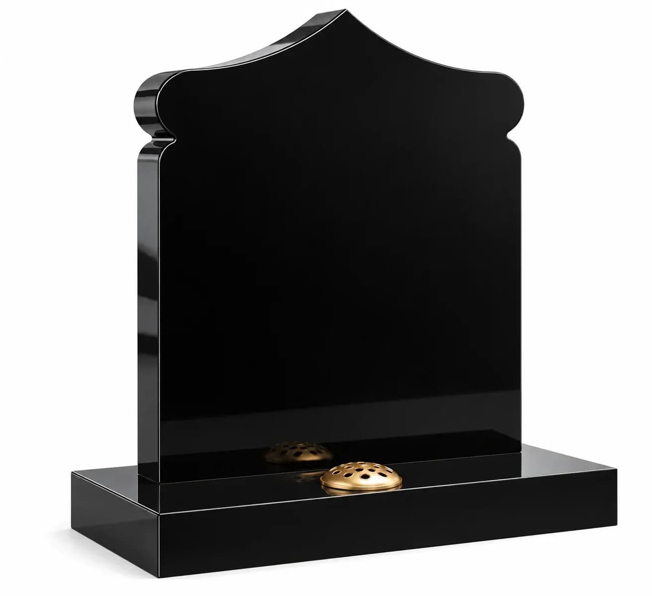 Polished black granite Islamic headstone with pointed crown and scalloped shoulders