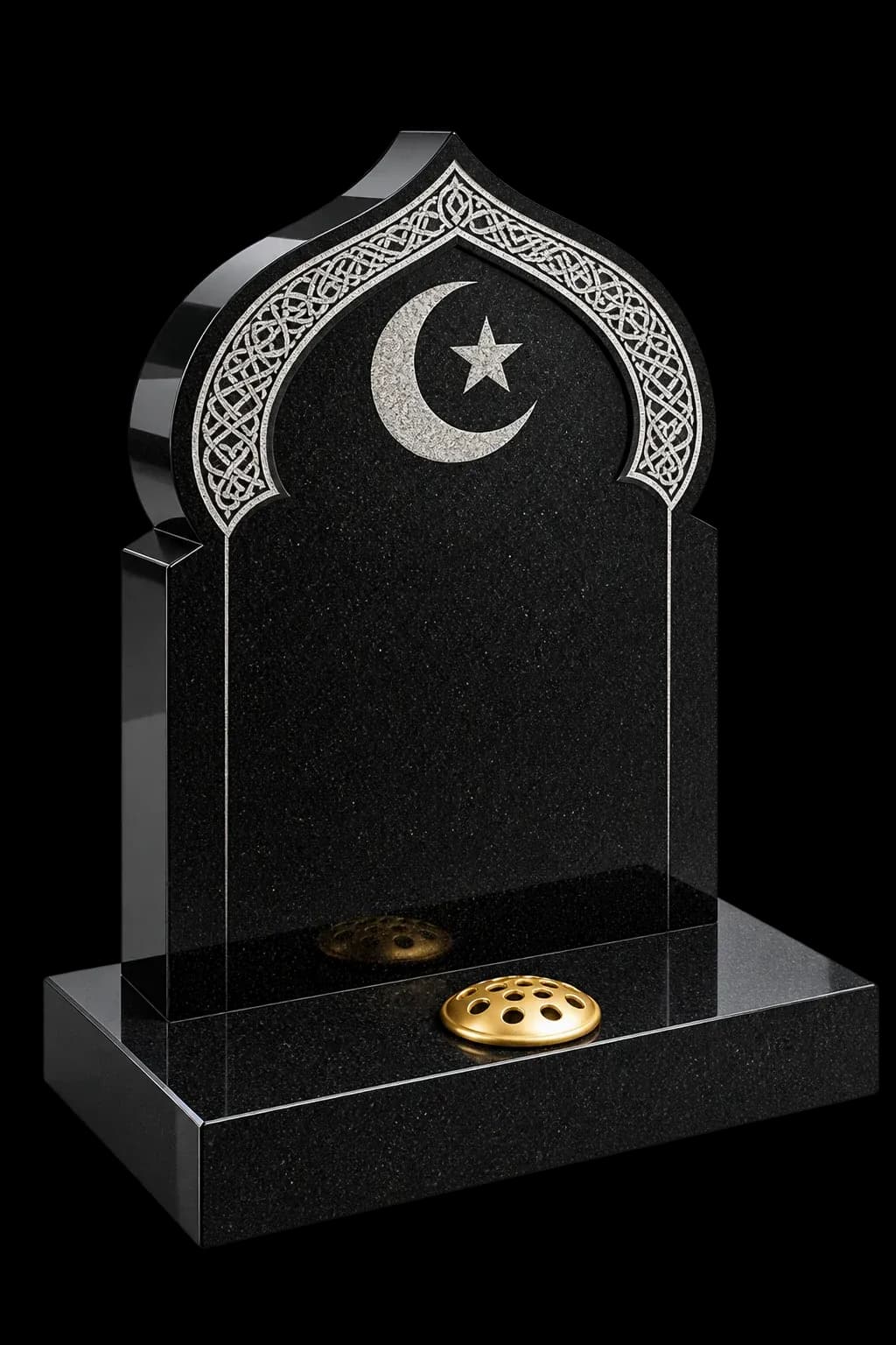 Black granite Islamic headstone with crescent, star and silver arabesque border